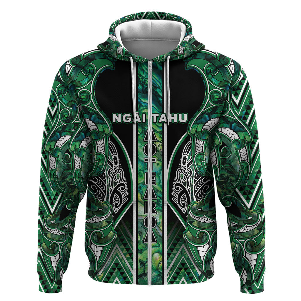 Aotearoa Ngai Tahu Hoodie Maori Tribal Dark Green Paua Shell Pattern DT05 Zip Hoodie Green - Polynesian Pride
