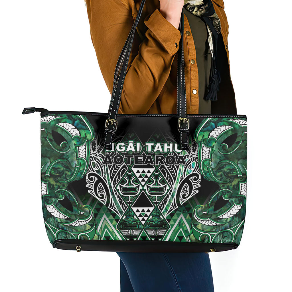 Aotearoa Ngai Tahu Leather Tote Bag Maori Tribal Dark Green Paua Shell Pattern DT05 - Polynesian Pride
