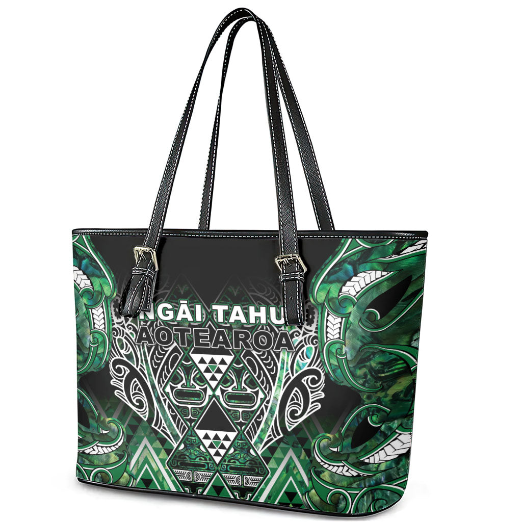 Aotearoa Ngai Tahu Leather Tote Bag Maori Tribal Dark Green Paua Shell Pattern DT05 - Polynesian Pride