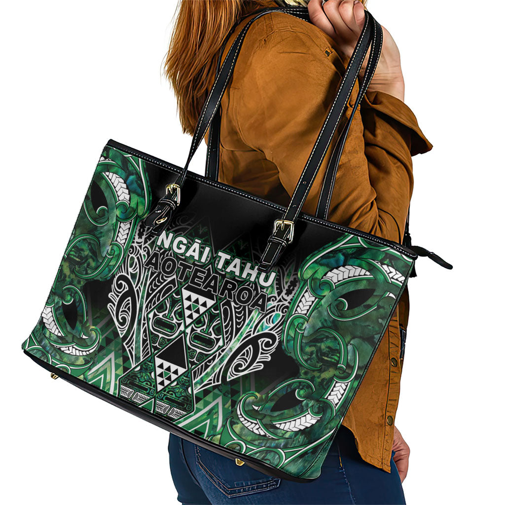 Aotearoa Ngai Tahu Leather Tote Bag Maori Tribal Dark Green Paua Shell Pattern DT05 - Polynesian Pride