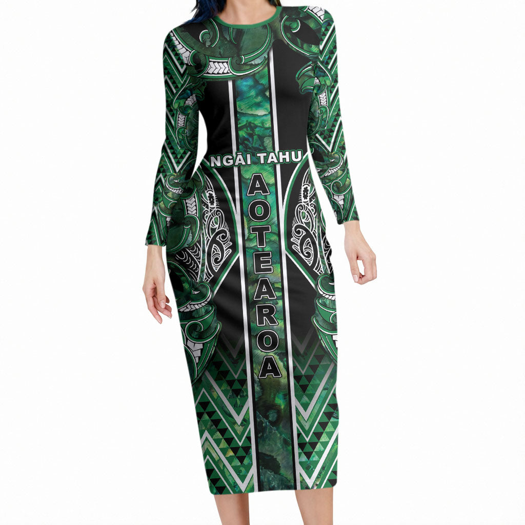 Aotearoa Ngai Tahu Long Sleeve Bodycon Dress Maori Tribal Dark Green Paua Shell Pattern DT05 Long Dress Green - Polynesian Pride