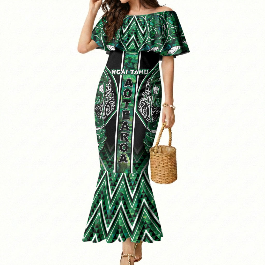 Aotearoa Ngai Tahu Mermaid Dress Maori Tribal Dark Green Paua Shell Pattern DT05 Women Green - Polynesian Pride