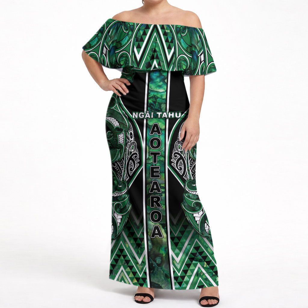 Aotearoa Ngai Tahu Off Shoulder Maxi Dress Maori Tribal Dark Green Paua Shell Pattern DT05 Women Green - Polynesian Pride