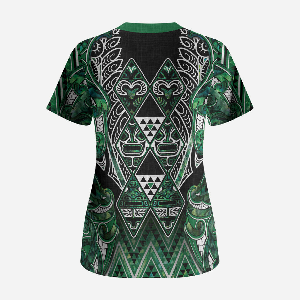 Aotearoa Ngai Tahu Scrub Top Maori Tribal Dark Green Paua Shell Pattern DT05 - Polynesian Pride