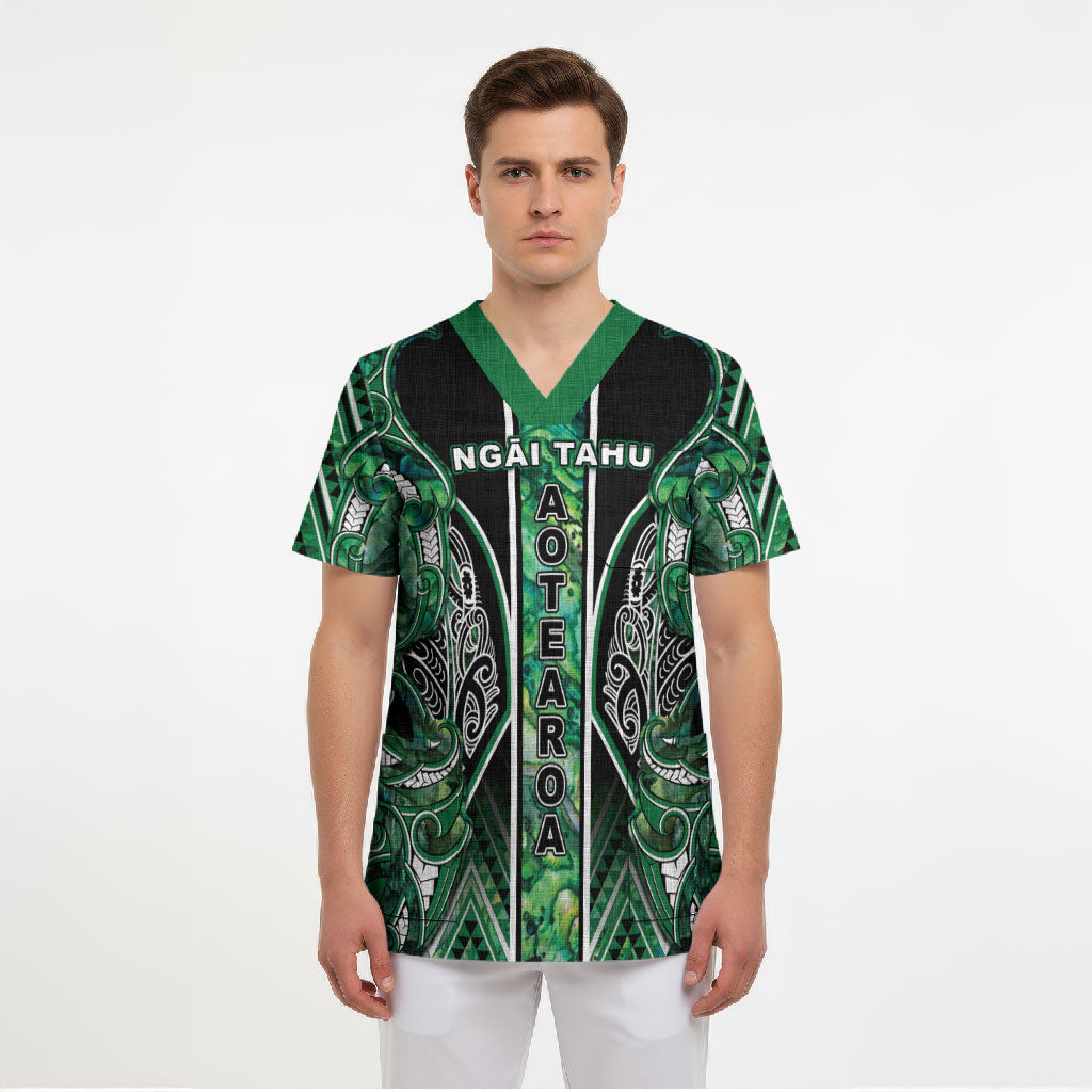 Aotearoa Ngai Tahu Scrub Top Maori Tribal Dark Green Paua Shell Pattern DT05 - Polynesian Pride