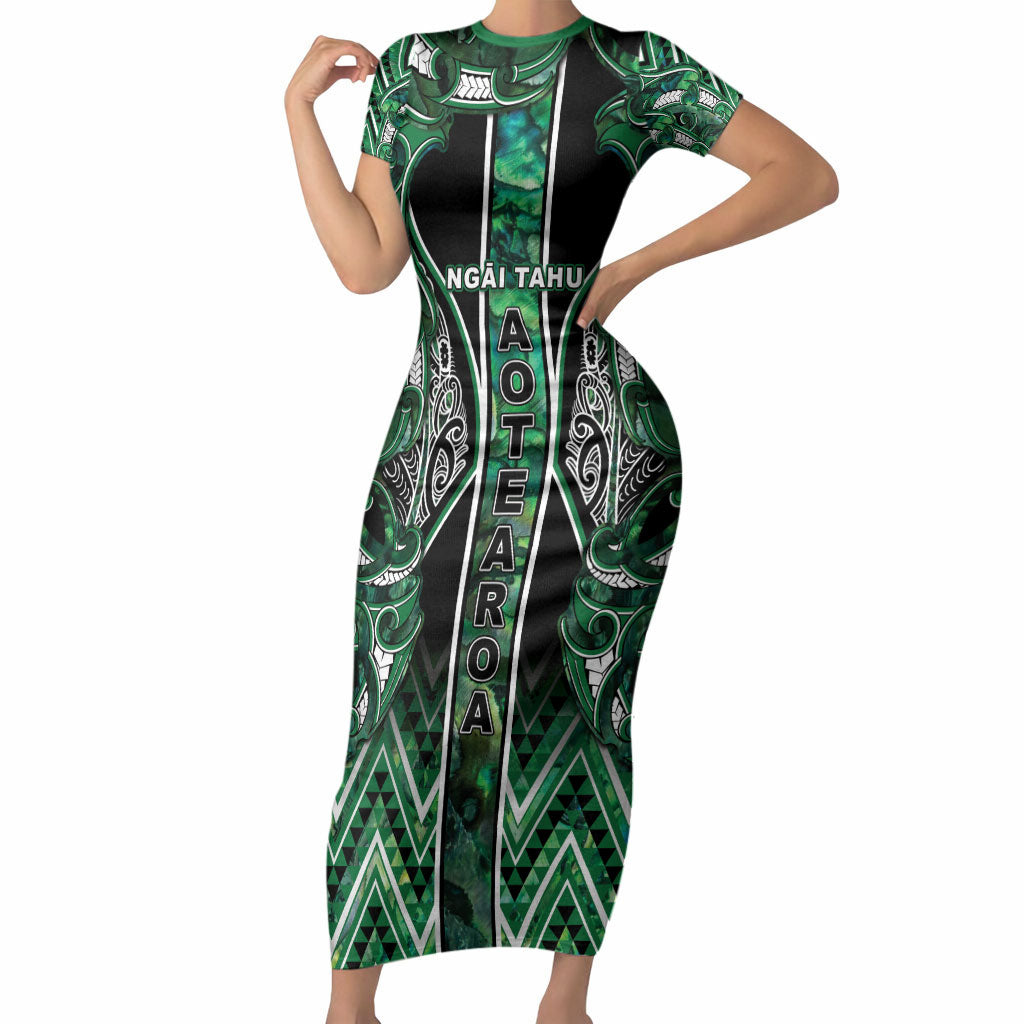 Aotearoa Ngai Tahu Short Sleeve Bodycon Dress Maori Tribal Dark Green Paua Shell Pattern DT05 Long Dress Green - Polynesian Pride