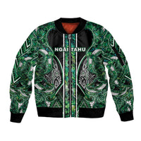 Aotearoa Ngai Tahu Sleeve Zip Bomber Jacket Maori Tribal Dark Green Paua Shell Pattern DT05 Unisex Green - Polynesian Pride