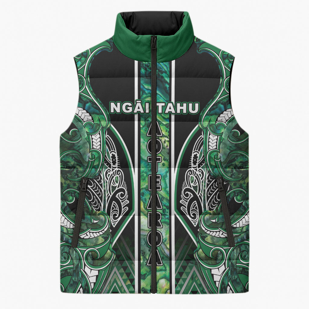 Aotearoa Ngai Tahu Sleeveless Puffer Jacket Maori Tribal Dark Green Paua Shell Pattern DT05 Unisex Green - Polynesian Pride