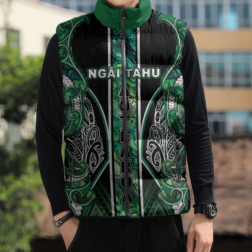 Aotearoa Ngai Tahu Sleeveless Puffer Jacket Maori Tribal Dark Green Paua Shell Pattern DT05 - Polynesian Pride