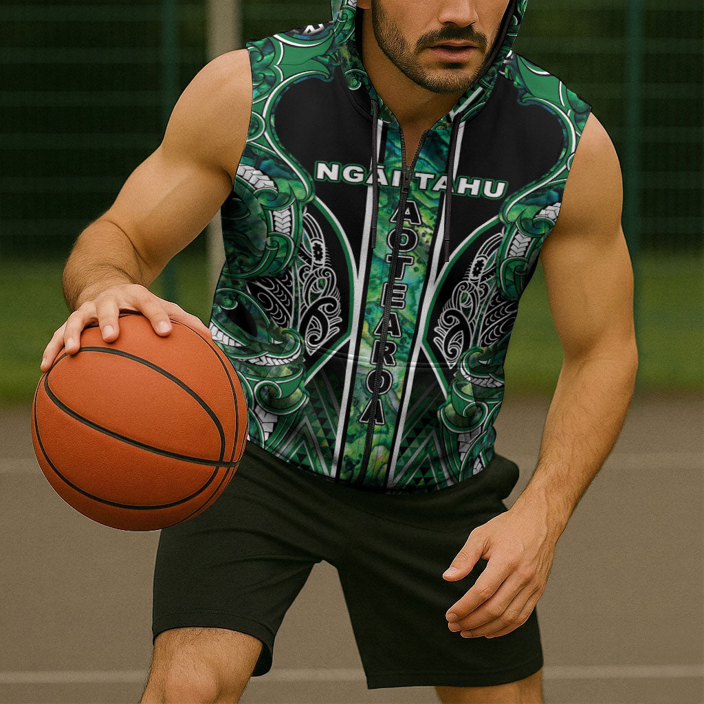 Aotearoa Ngai Tahu Sleeveless Zip Hoodie Maori Tribal Dark Green Paua Shell Pattern DT05 - Polynesian Pride