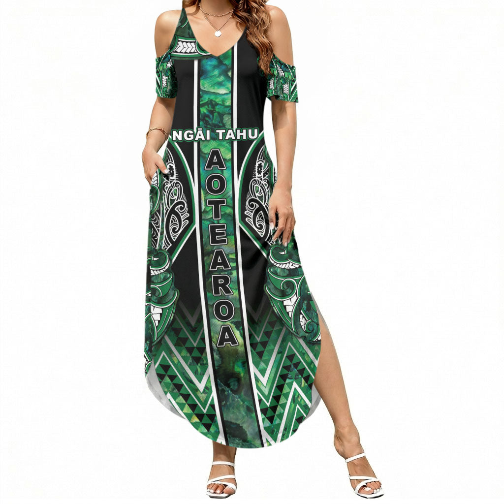 Aotearoa Ngai Tahu Summer Maxi Dress Maori Tribal Dark Green Paua Shell Pattern DT05 Women Green - Polynesian Pride