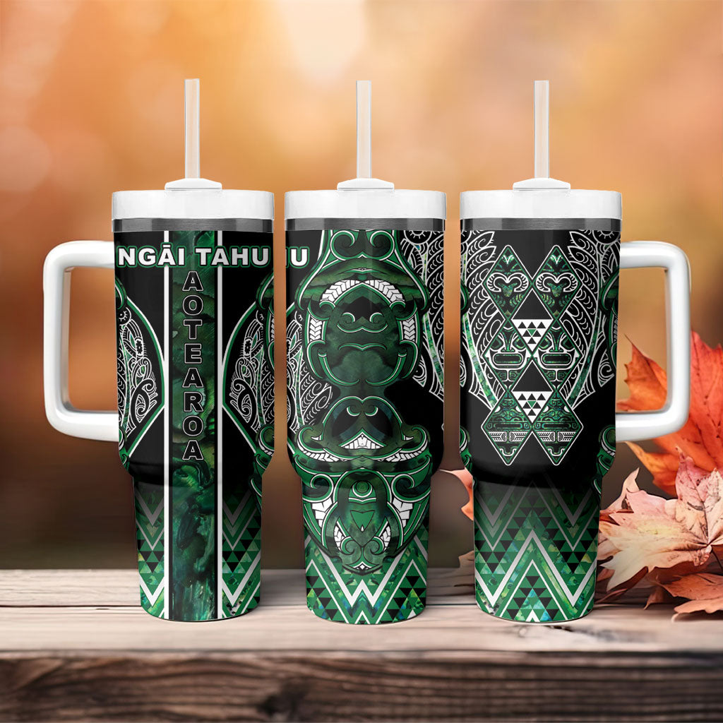 Aotearoa Ngai Tahu Tumbler With Handle Maori Tribal Dark Green Paua Shell Pattern DT05 - Polynesian Pride