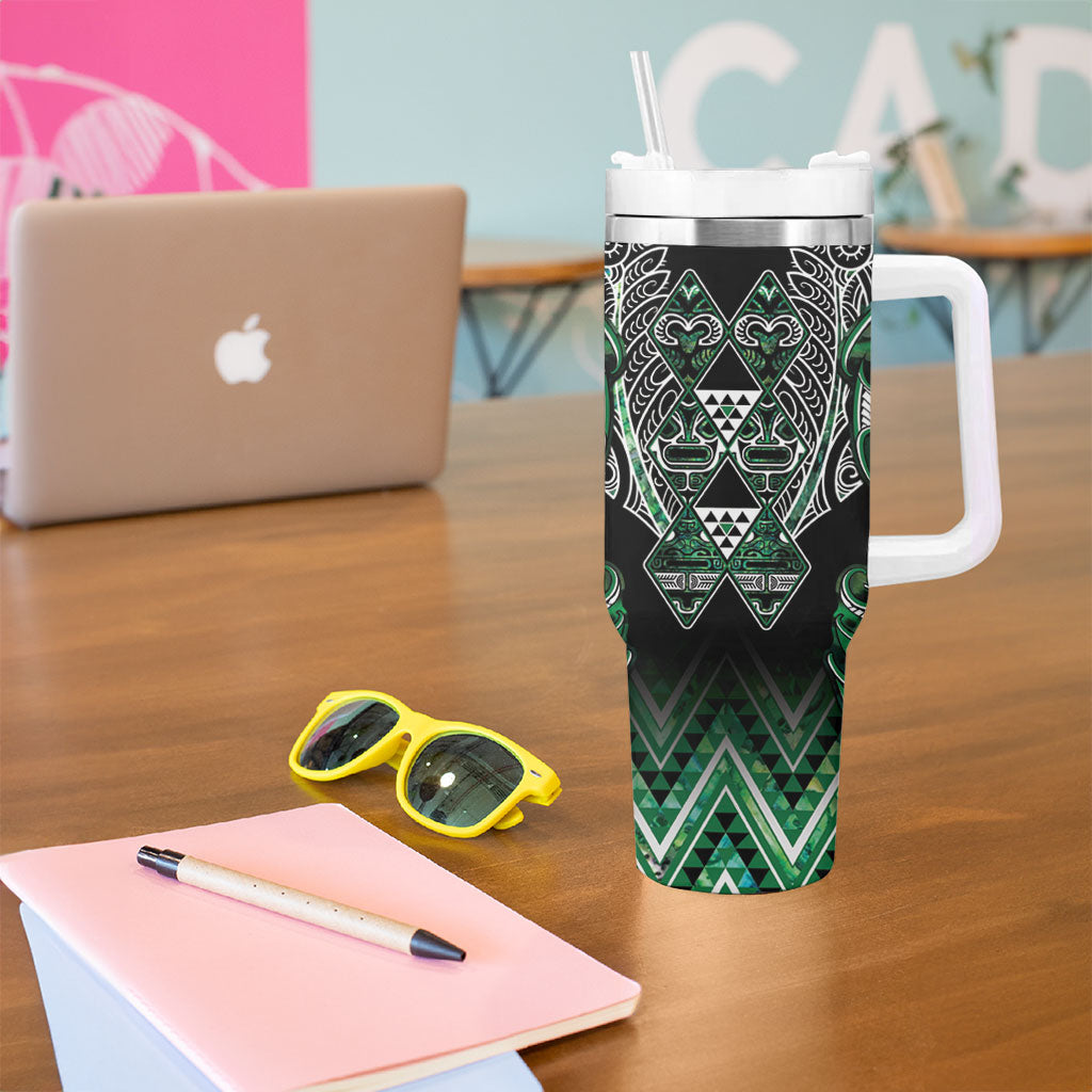 Aotearoa Ngai Tahu Tumbler With Handle Maori Tribal Dark Green Paua Shell Pattern DT05 - Polynesian Pride