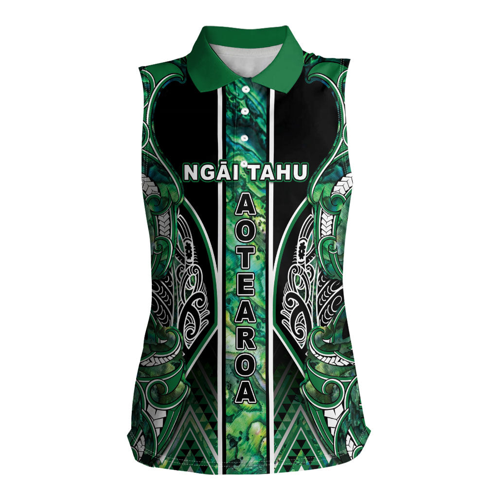 Aotearoa Ngai Tahu Women Sleeveless Polo Shirt Maori Tribal Dark Green Paua Shell Pattern DT05 Female Green - Polynesian Pride