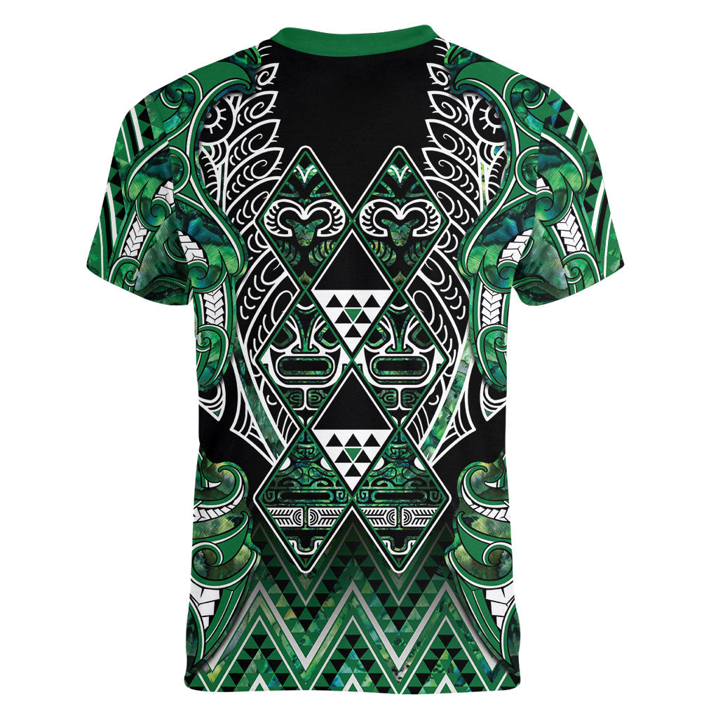 Aotearoa Ngai Tahu Women V-Neck T-Shirt Maori Tribal Dark Green Paua Shell Pattern DT05 - Polynesian Pride