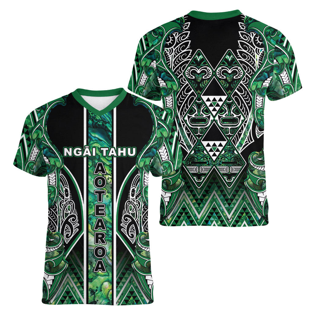 Aotearoa Ngai Tahu Women V-Neck T-Shirt Maori Tribal Dark Green Paua Shell Pattern DT05 - Polynesian Pride