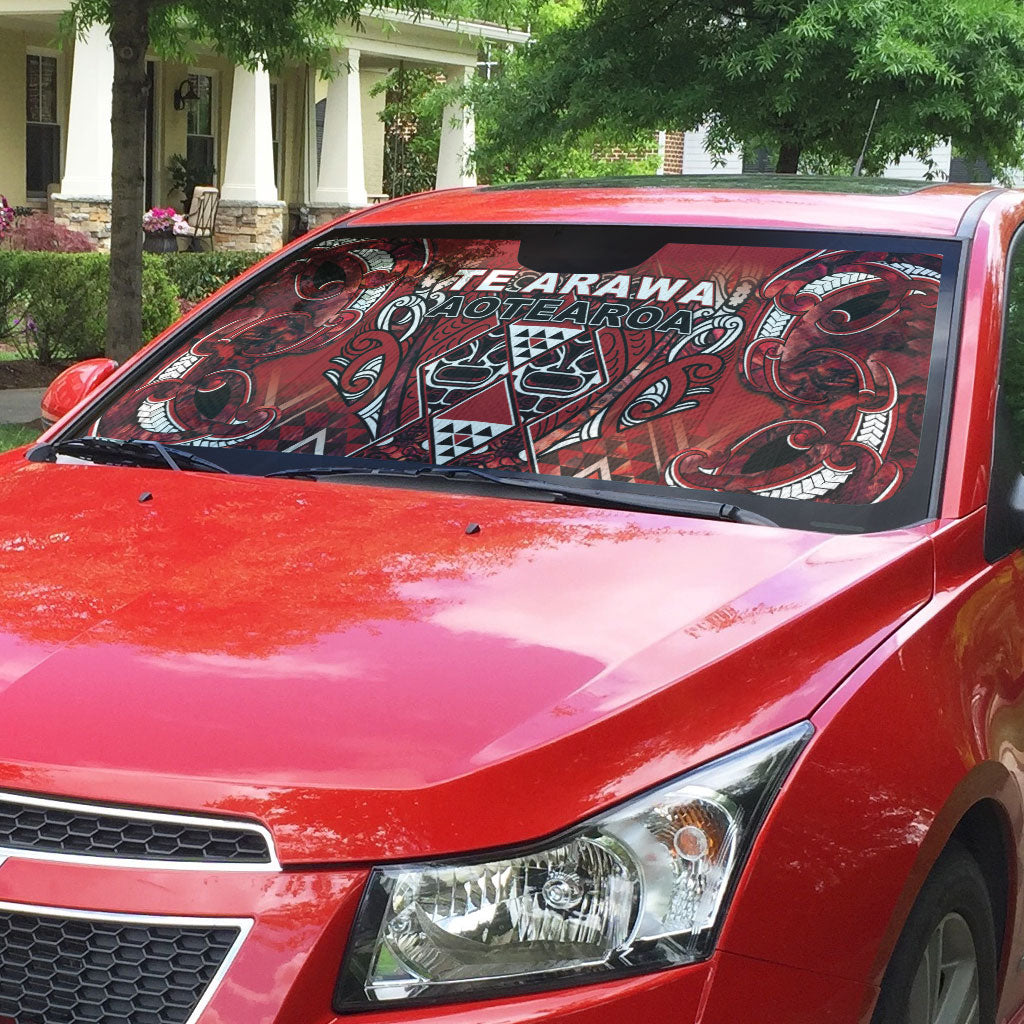 Aotearoa Te Arawa Auto Sun Shade Maori Tribal Dark Red Paua Shell Pattern DT05 - Polynesian Pride