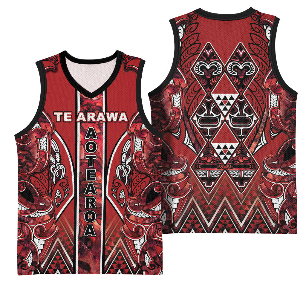 Aotearoa Te Arawa Basketball Jersey Maori Tribal Dark Red Paua Shell Pattern DT05 - Polynesian Pride