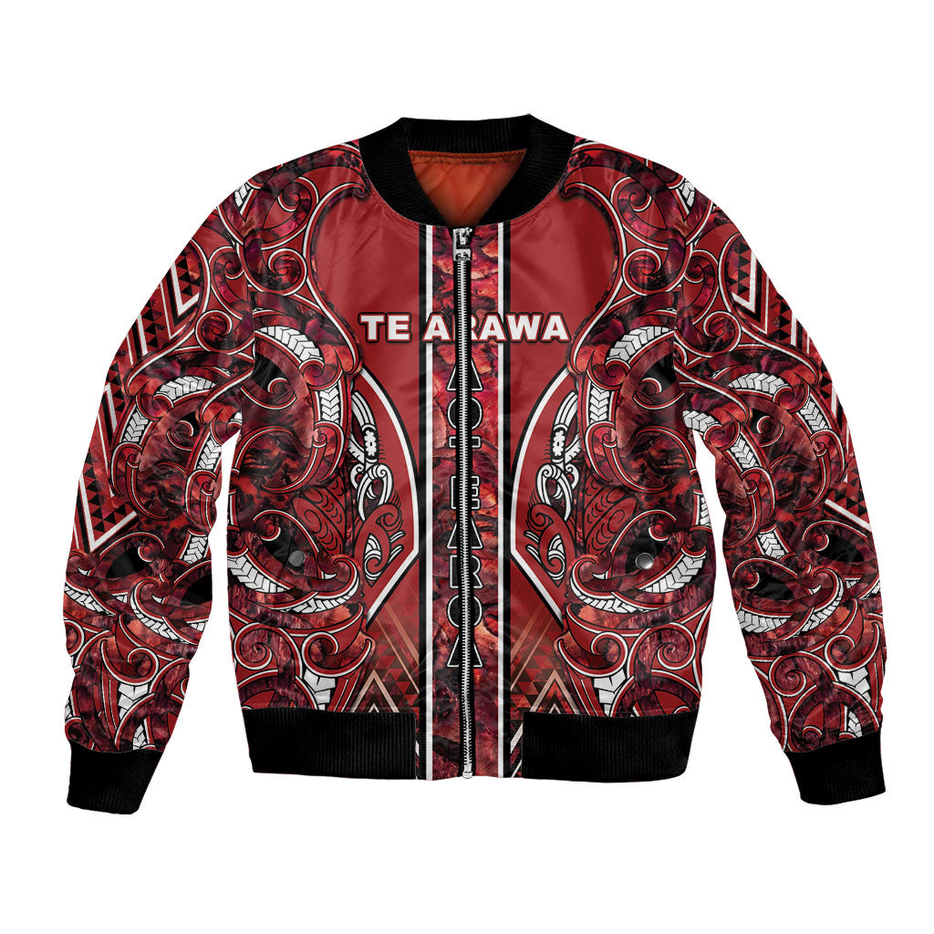 Aotearoa Te Arawa Bomber Jacket Maori Tribal Dark Red Paua Shell Pattern DT05 Unisex Red - Polynesian Pride