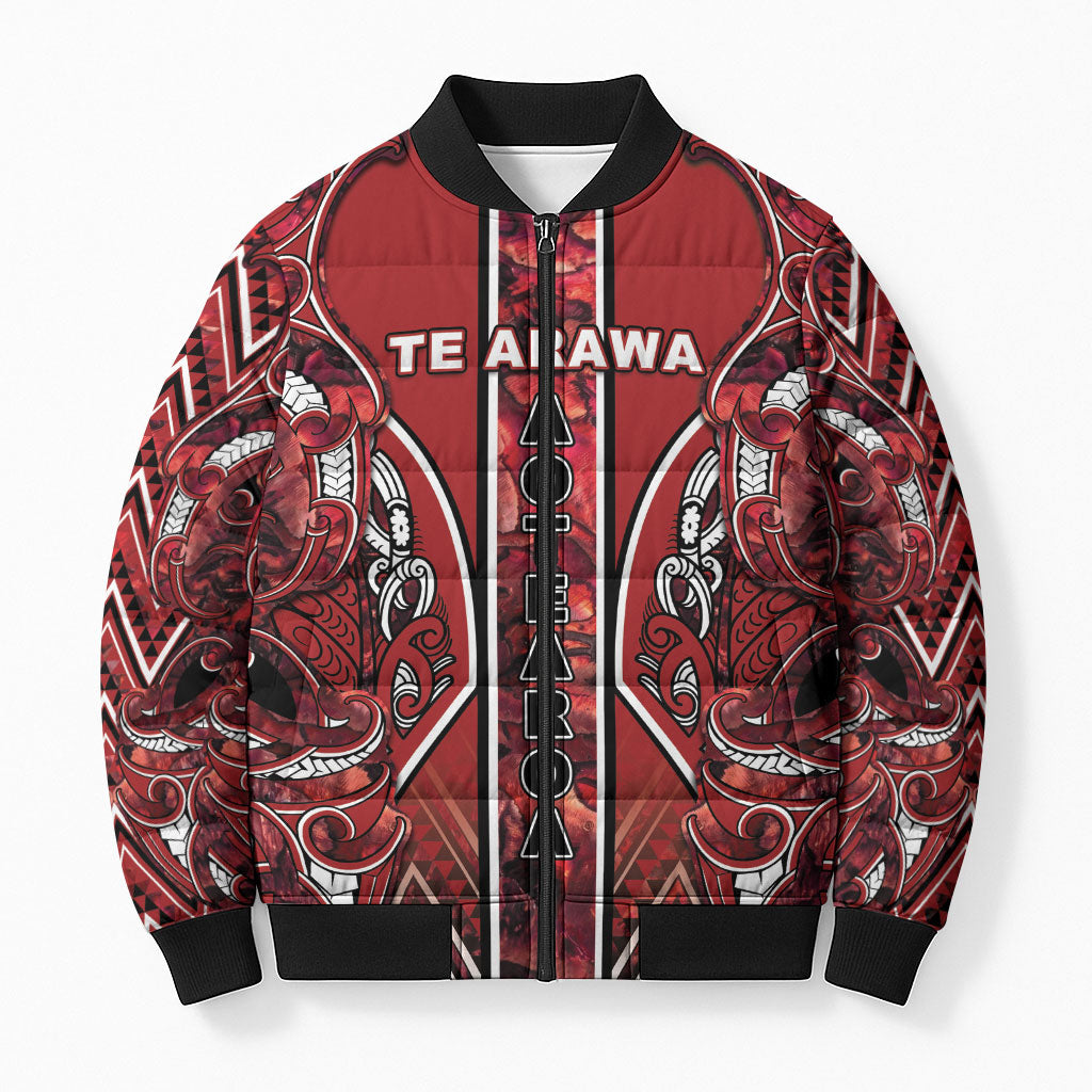 Aotearoa Te Arawa Bomber Puffer Jacket Maori Tribal Dark Red Paua Shell Pattern DT05 Unisex Red - Polynesian Pride