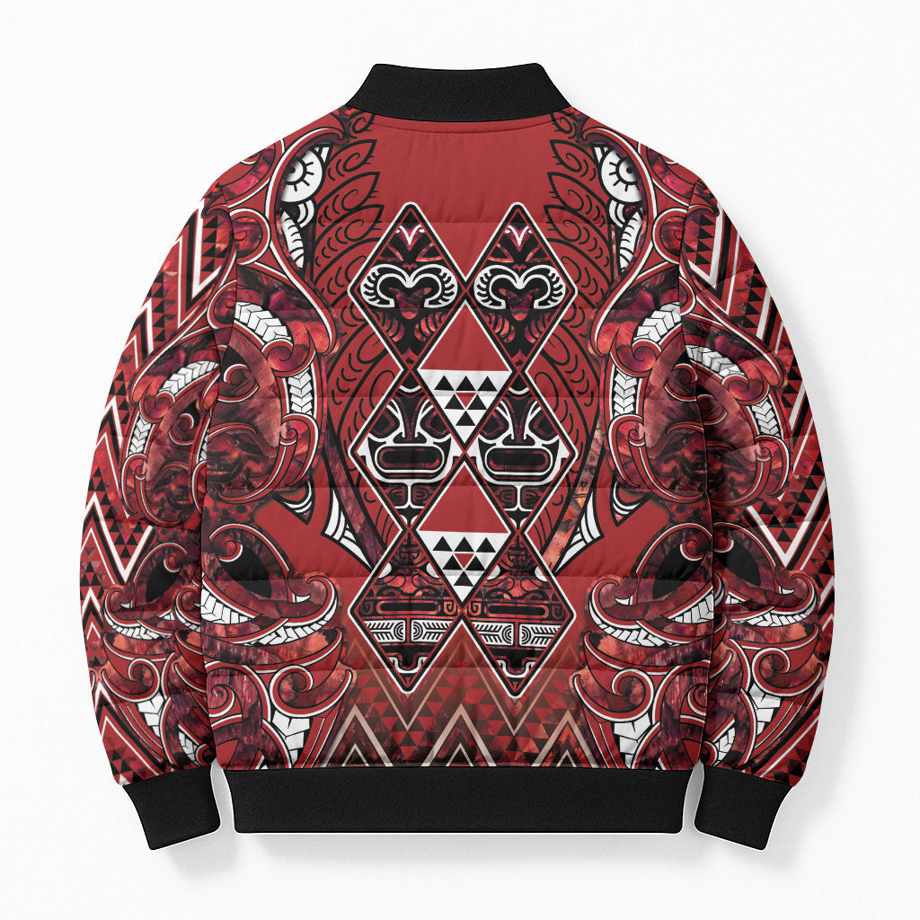 Aotearoa Te Arawa Bomber Puffer Jacket Maori Tribal Dark Red Paua Shell Pattern DT05 - Polynesian Pride