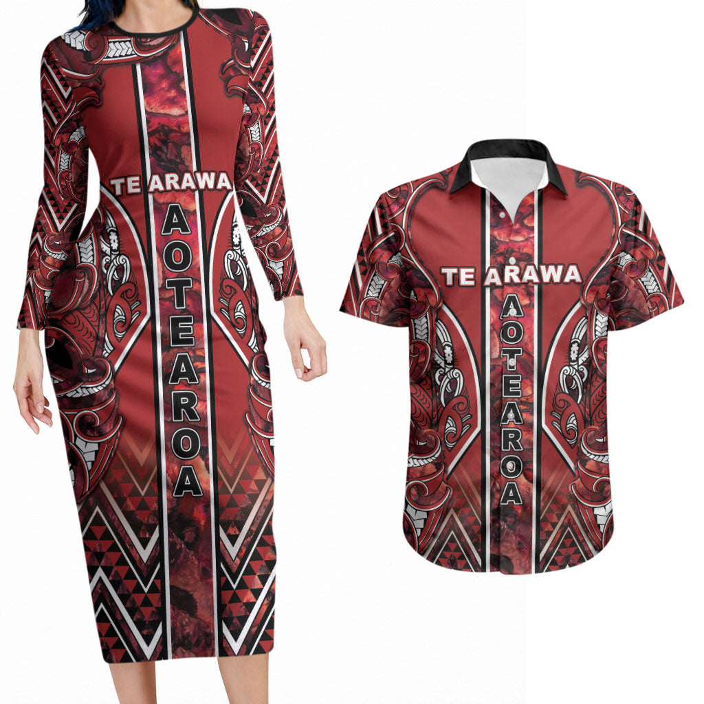 Aotearoa Te Arawa Couples Matching Long Sleeve Bodycon Dress and Hawaiian Shirt Maori Tribal Dark Red Paua Shell Pattern DT05 Red - Polynesian Pride