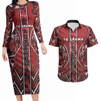Aotearoa Te Arawa Couples Matching Long Sleeve Bodycon Dress and Hawaiian Shirt Maori Tribal Dark Red Paua Shell Pattern DT05 Red - Polynesian Pride