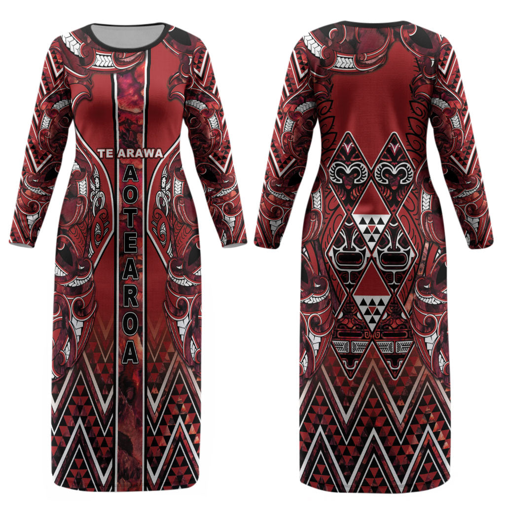 Aotearoa Te Arawa Couples Matching Long Sleeve Bodycon Dress and Hawaiian Shirt Maori Tribal Dark Red Paua Shell Pattern DT05 - Polynesian Pride