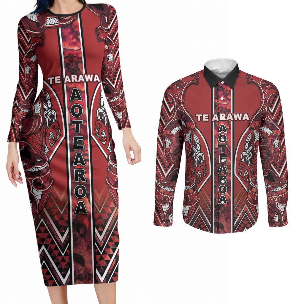 Aotearoa Te Arawa Couples Matching Long Sleeve Bodycon Dress and Long Sleeve Button Shirt Maori Tribal Dark Red Paua Shell Pattern DT05 Red - Polynesian Pride