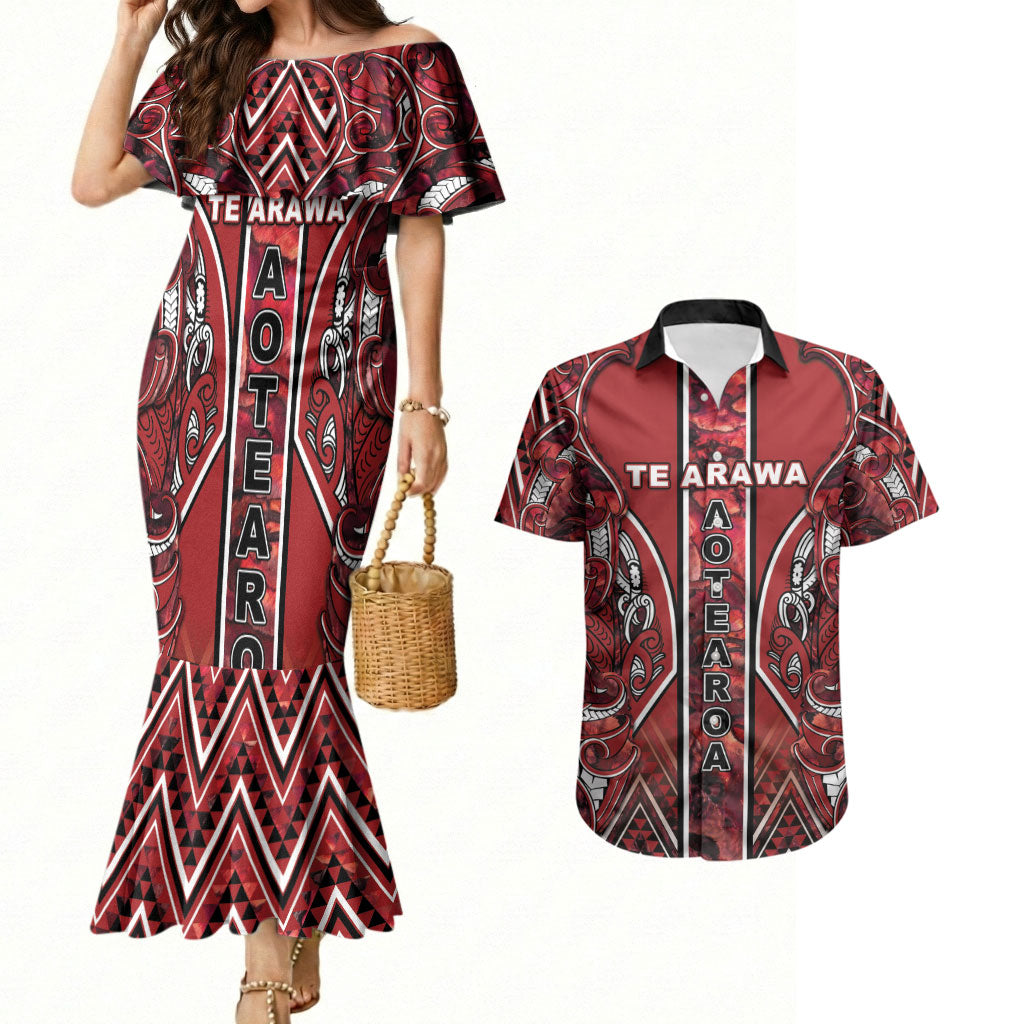 Aotearoa Te Arawa Couples Matching Mermaid Dress and Hawaiian Shirt Maori Tribal Dark Red Paua Shell Pattern DT05 Red - Polynesian Pride
