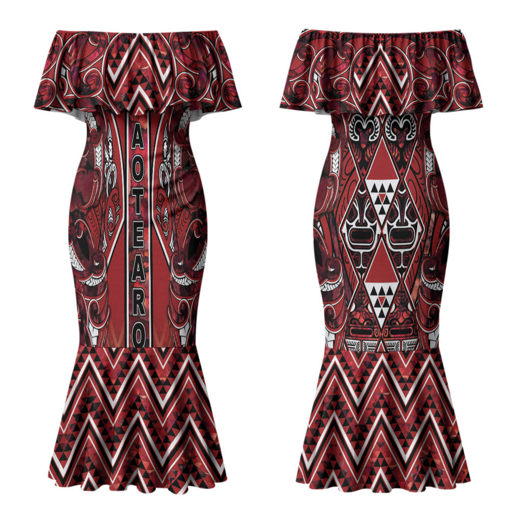 Aotearoa Te Arawa Couples Matching Mermaid Dress and Long Sleeve Button Shirt Maori Tribal Dark Red Paua Shell Pattern DT05 - Polynesian Pride