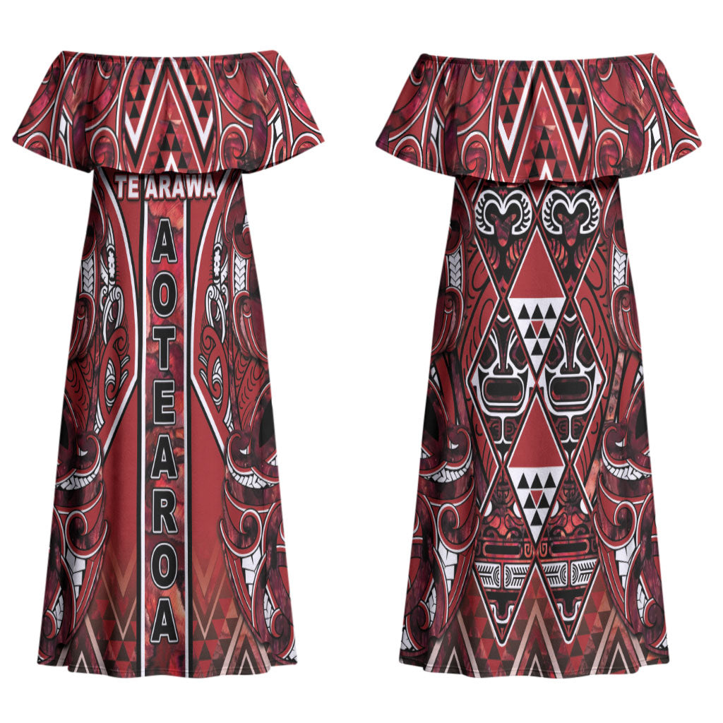 Aotearoa Te Arawa Couples Matching Off Shoulder Maxi Dress and Hawaiian Shirt Maori Tribal Dark Red Paua Shell Pattern DT05 - Polynesian Pride