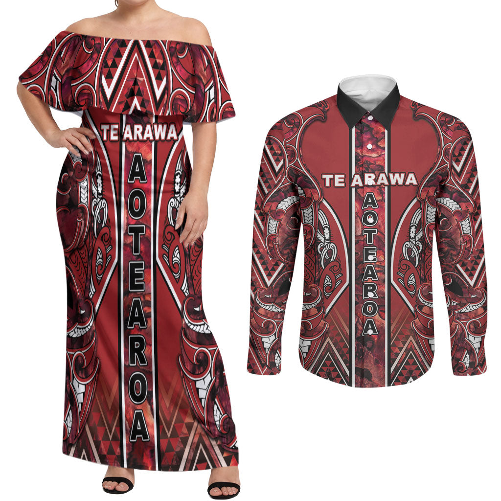 Aotearoa Te Arawa Couples Matching Off Shoulder Maxi Dress and Long Sleeve Button Shirt Maori Tribal Dark Red Paua Shell Pattern DT05 Red - Polynesian Pride