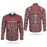 Aotearoa Te Arawa Couples Matching Off Shoulder Maxi Dress and Long Sleeve Button Shirt Maori Tribal Dark Red Paua Shell Pattern DT05 - Polynesian Pride