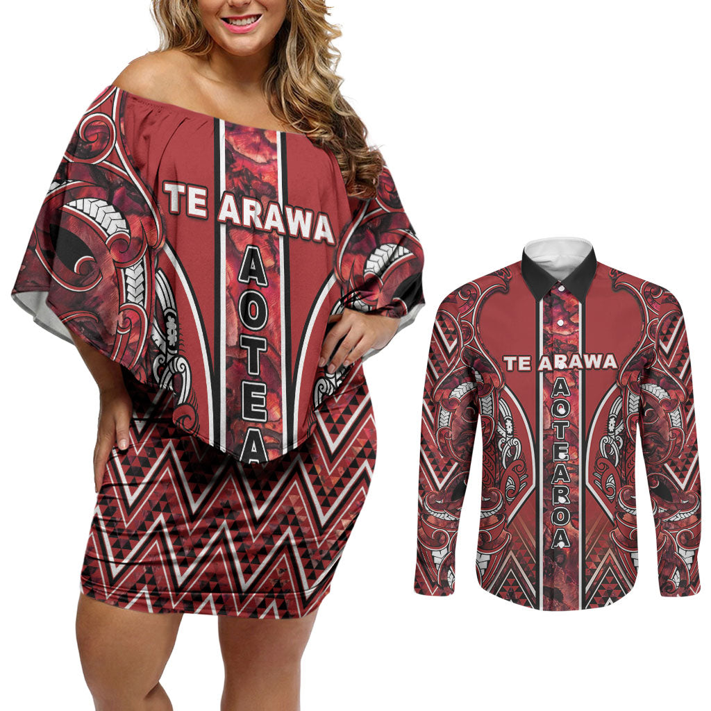 Aotearoa Te Arawa Couples Matching Off Shoulder Short Dress and Long Sleeve Button Shirt Maori Tribal Dark Red Paua Shell Pattern DT05 Red - Polynesian Pride