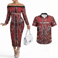 Aotearoa Te Arawa Couples Matching Off The Shoulder Long Sleeve Dress and Hawaiian Shirt Maori Tribal Dark Red Paua Shell Pattern DT05 Red - Polynesian Pride