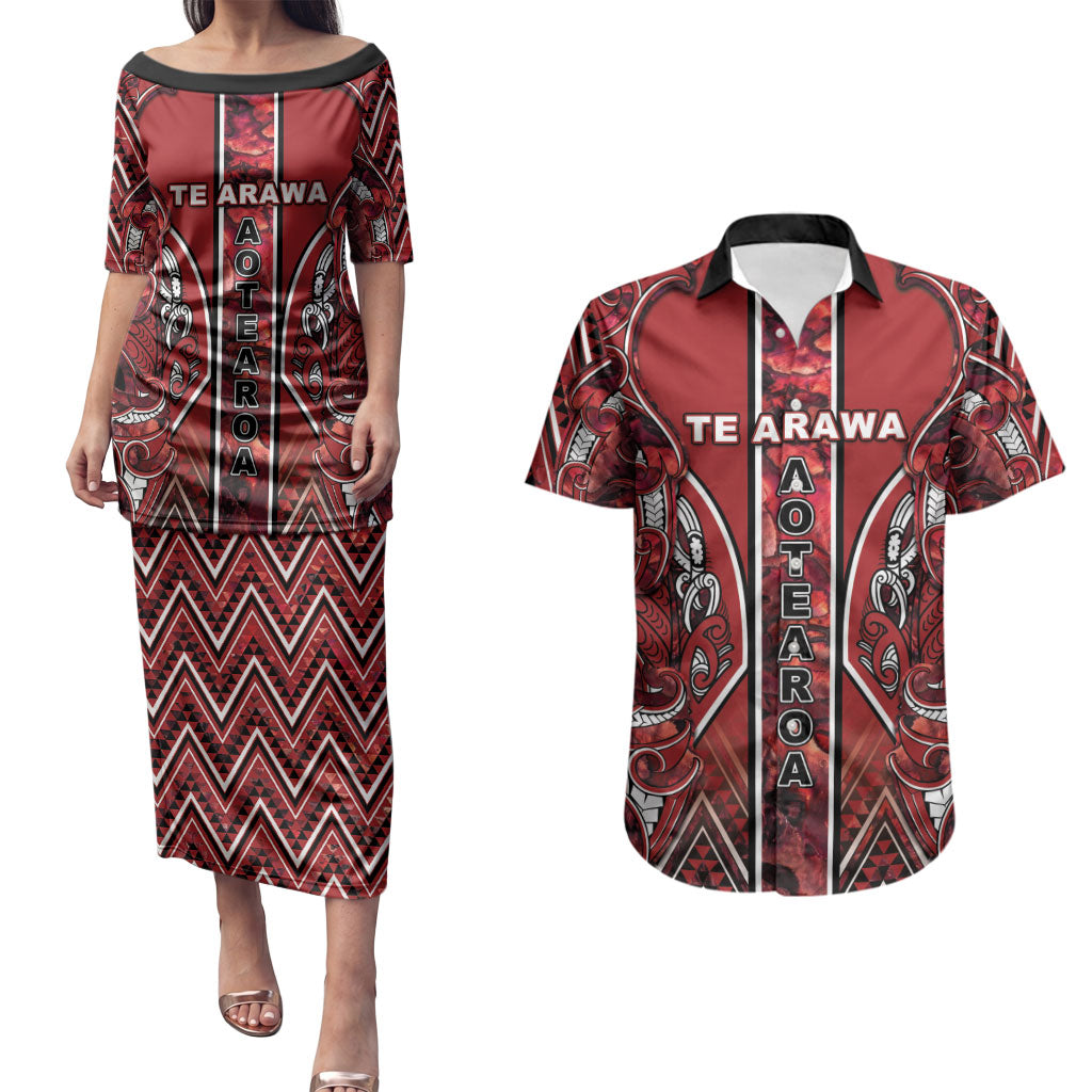 Aotearoa Te Arawa Couples Matching Puletasi and Hawaiian Shirt Maori Tribal Dark Red Paua Shell Pattern DT05 Red - Polynesian Pride