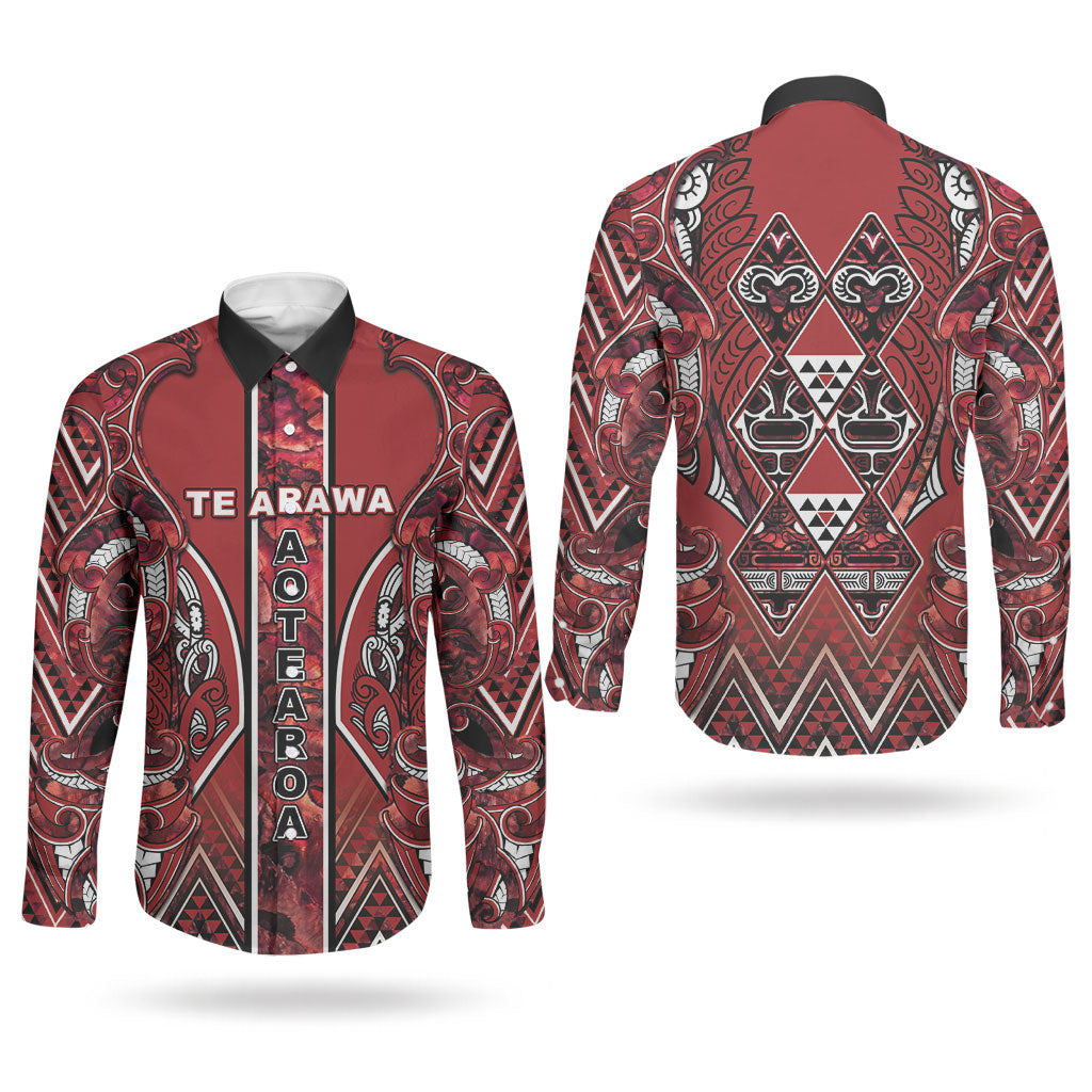 Aotearoa Te Arawa Couples Matching Puletasi and Long Sleeve Button Shirt Maori Tribal Dark Red Paua Shell Pattern DT05 - Polynesian Pride