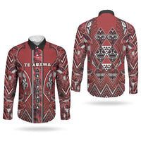 Aotearoa Te Arawa Couples Matching Puletasi and Long Sleeve Button Shirt Maori Tribal Dark Red Paua Shell Pattern DT05 - Polynesian Pride