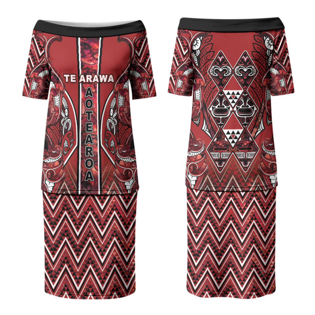 Aotearoa Te Arawa Couples Matching Puletasi and Long Sleeve Button Shirt Maori Tribal Dark Red Paua Shell Pattern DT05 - Polynesian Pride
