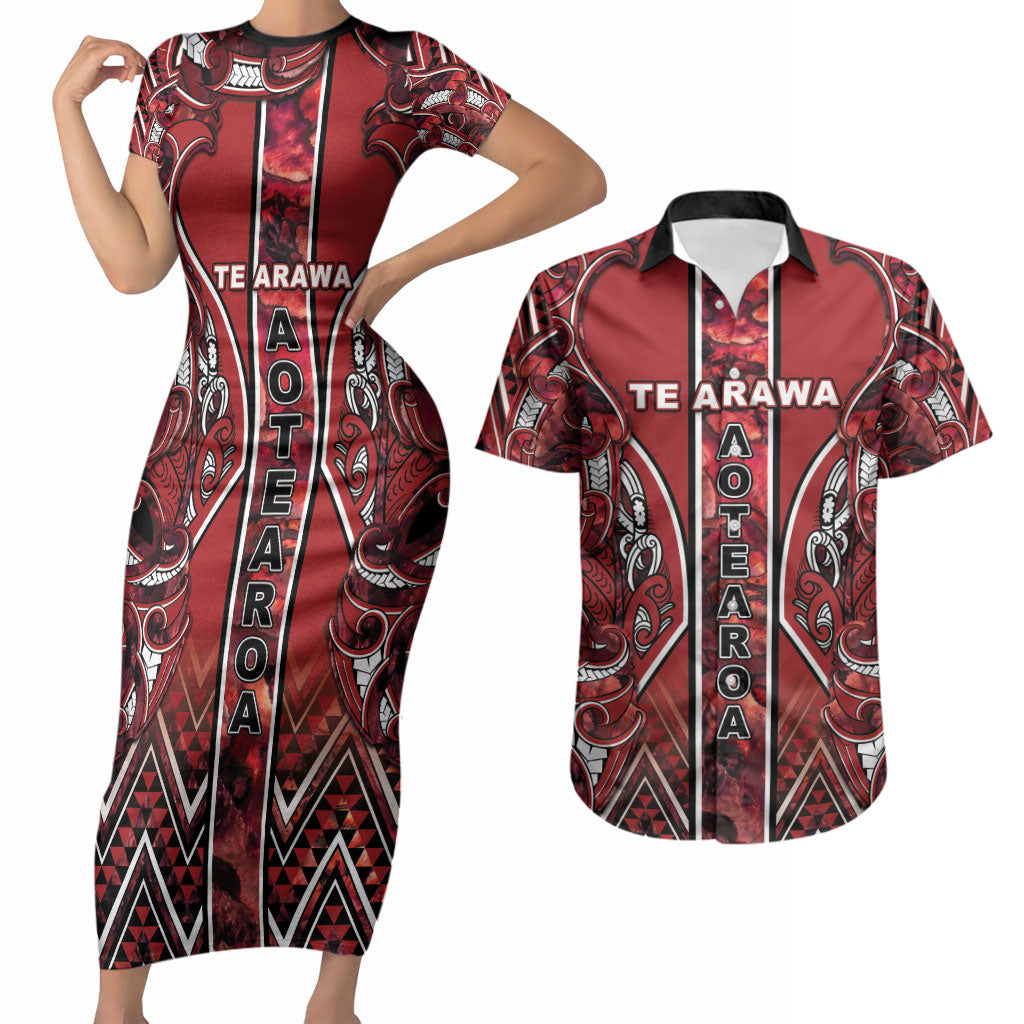 Aotearoa Te Arawa Couples Matching Short Sleeve Bodycon Dress and Hawaiian Shirt Maori Tribal Dark Red Paua Shell Pattern DT05 Red - Polynesian Pride