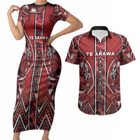 Aotearoa Te Arawa Couples Matching Short Sleeve Bodycon Dress and Hawaiian Shirt Maori Tribal Dark Red Paua Shell Pattern DT05 Red - Polynesian Pride