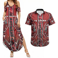 Aotearoa Te Arawa Couples Matching Summer Maxi Dress and Hawaiian Shirt Maori Tribal Dark Red Paua Shell Pattern DT05 Red - Polynesian Pride