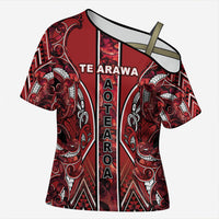 Aotearoa Te Arawa Cross Shoulder Shirt Maori Tribal Dark Red Paua Shell Pattern DT05 Female Red - Polynesian Pride