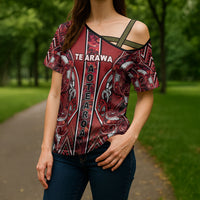 Aotearoa Te Arawa Cross Shoulder Shirt Maori Tribal Dark Red Paua Shell Pattern DT05 - Polynesian Pride