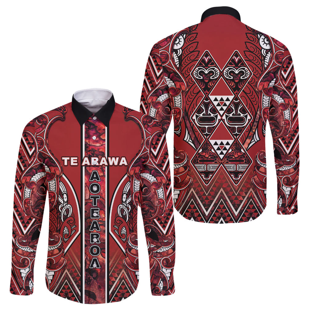 Aotearoa Te Arawa Family Matching Off The Shoulder Long Sleeve Dress and Hawaiian Shirt Maori Tribal Dark Red Paua Shell Pattern DT05 Dad's Shirt - Long Sleeve Red - Polynesian Pride