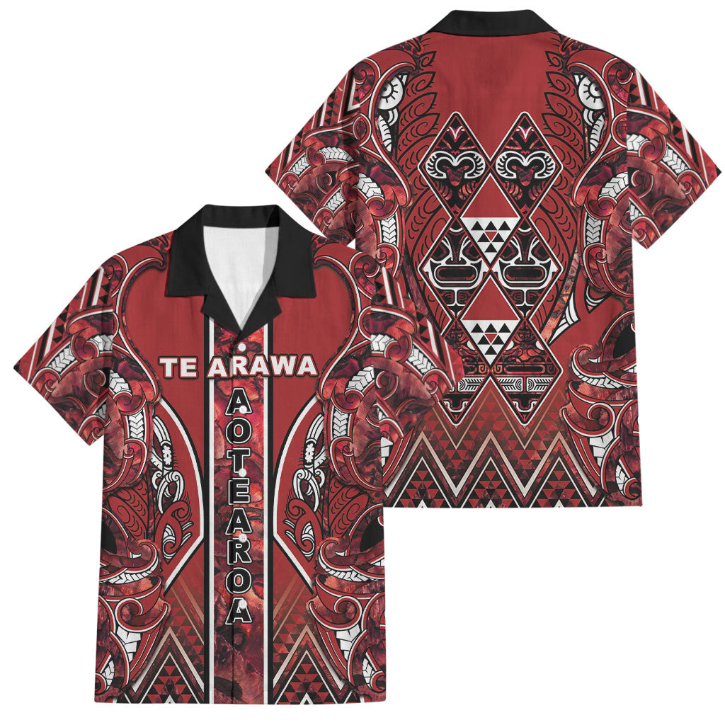 Aotearoa Te Arawa Family Matching Off Shoulder Maxi Dress and Hawaiian Shirt Maori Tribal Dark Red Paua Shell Pattern DT05 Dad's Shirt - Short Sleeve Red - Polynesian Pride