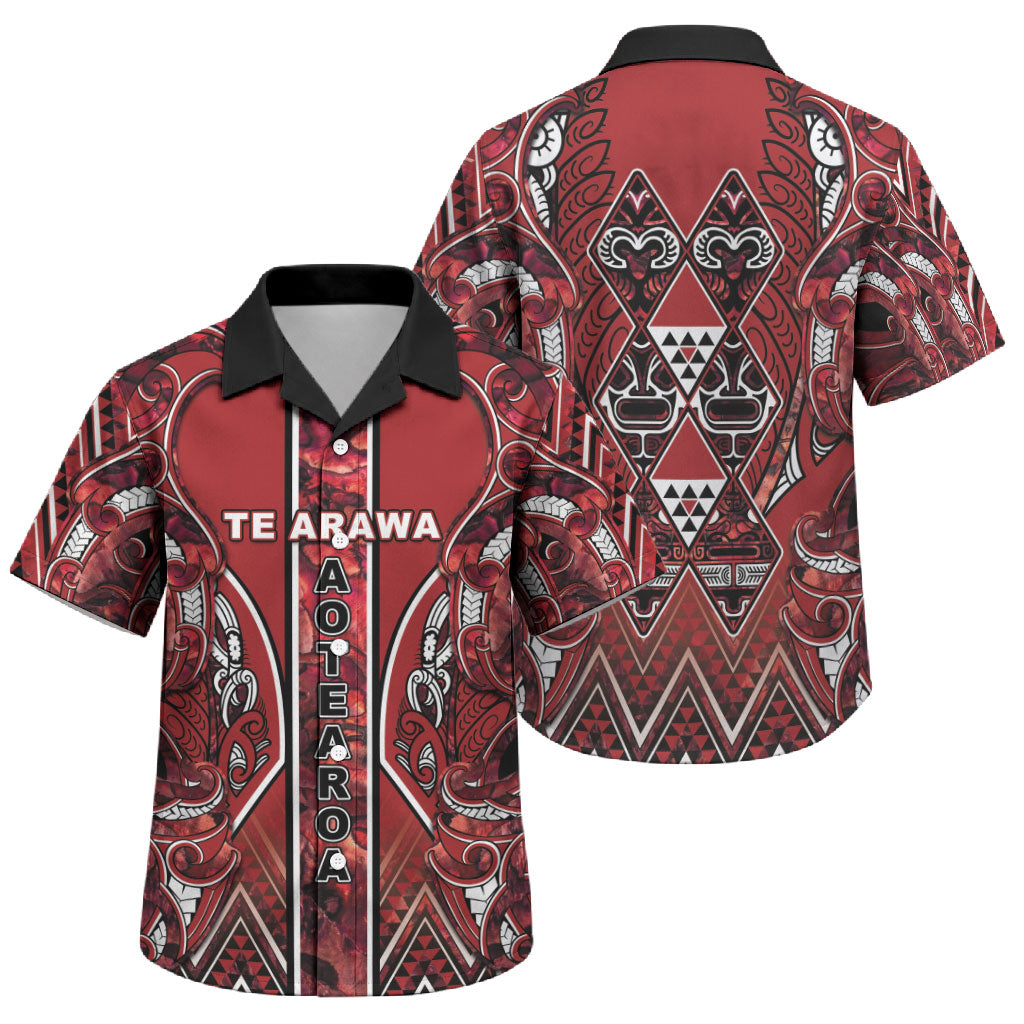 Aotearoa Te Arawa Family Matching Puletasi and Hawaiian Shirt Maori Tribal Dark Red Paua Shell Pattern DT05 Son's Shirt Red - Polynesian Pride