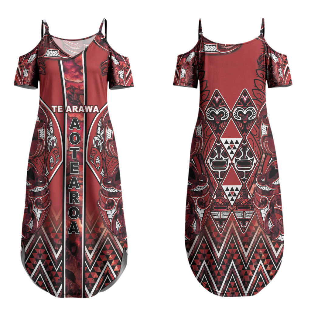 Aotearoa Te Arawa Family Matching Summer Maxi Dress and Hawaiian Shirt Maori Tribal Dark Red Paua Shell Pattern DT05 Mom's Dress Red - Polynesian Pride