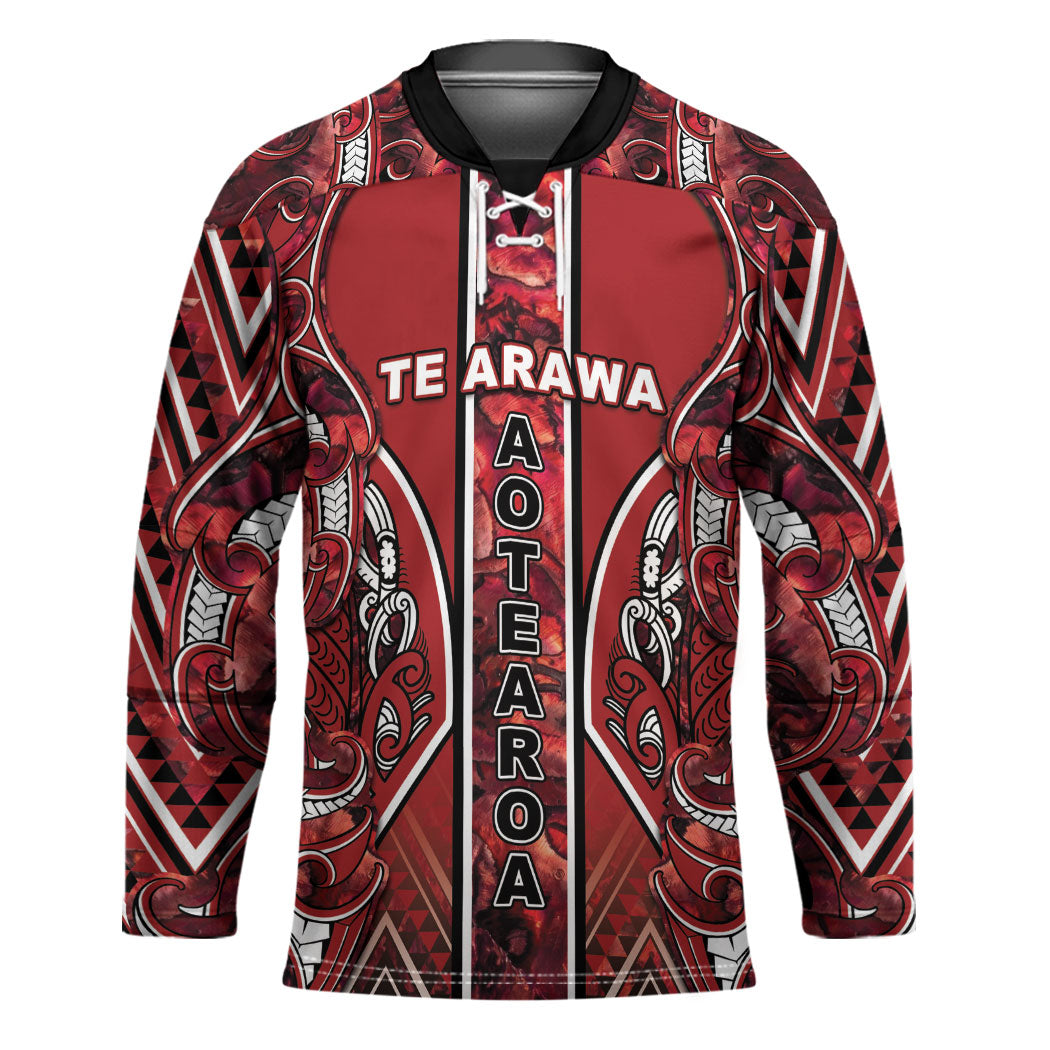 Aotearoa Te Arawa Hockey Jersey Maori Tribal Dark Red Paua Shell Pattern DT05 Unisex Red - Polynesian Pride